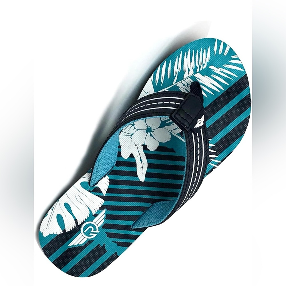 Revolution Teal & Black Tropical Stripe Flip Flops